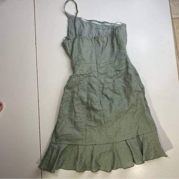 Seek The Label LightGreen 100% Linen One Shoulder Ruffle Tie Front Mini Dress XS - Picture 5 of 16